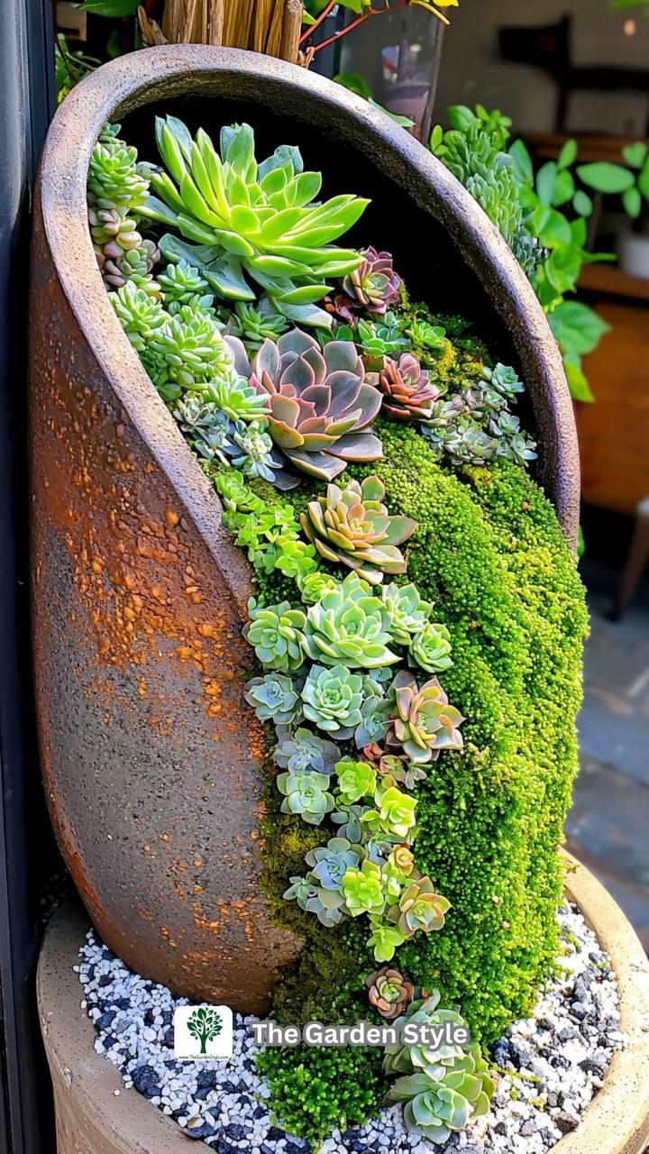 Cascading succulent concrete vessel with moss and stone gravel